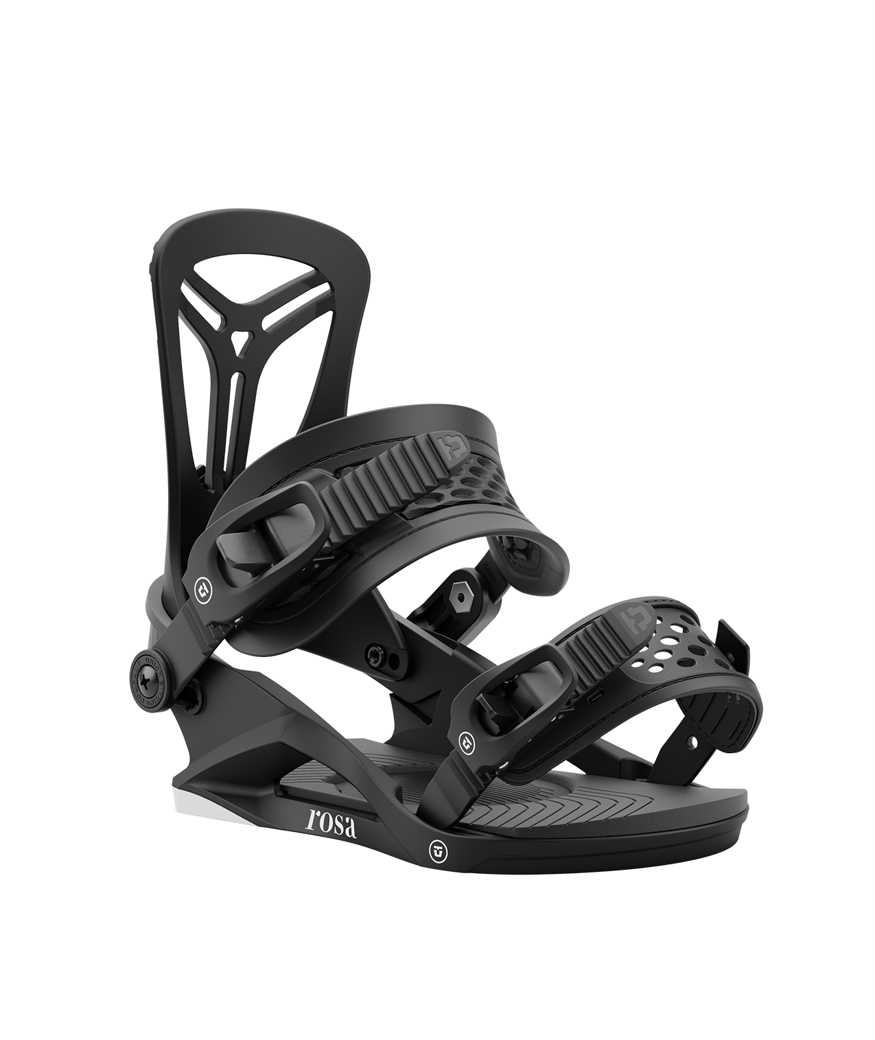 Union rosa 24/25 model snowboard bindings, matt black with black adjustable straps. white union rosa logos