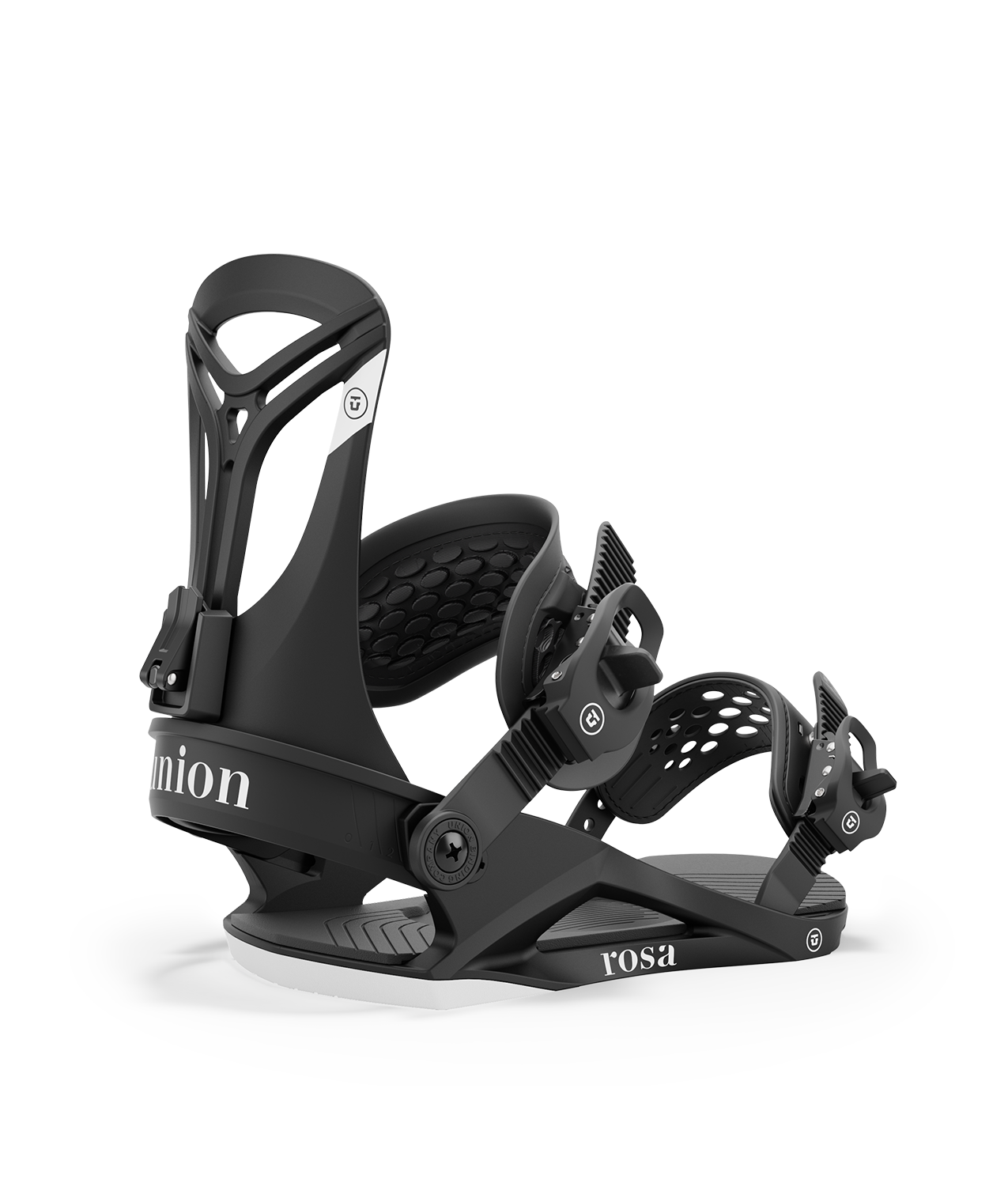 Union rosa 24/25 model snowboard bindings, matt black with black adjustable straps. white union rosa logos