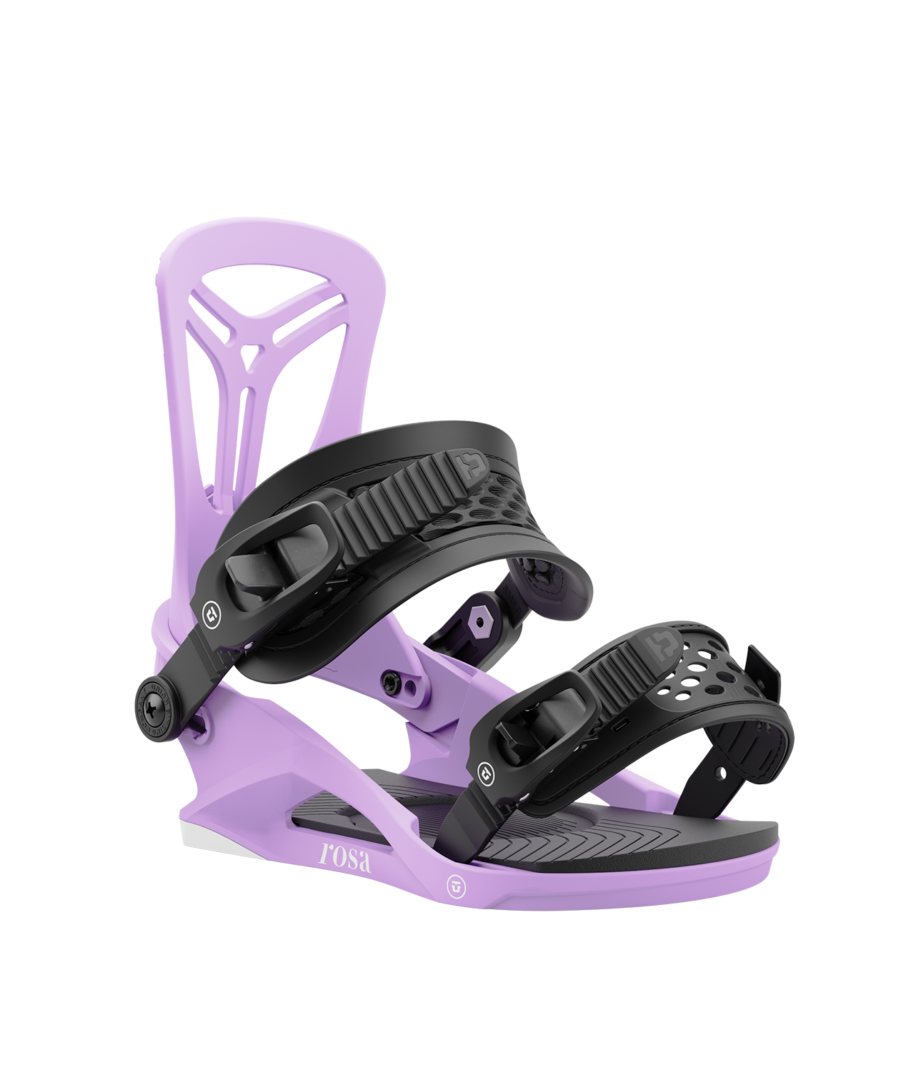 Union rosa 24/25 model snowboard bindings, matt violet with black adjustable straps. white union rosa logos