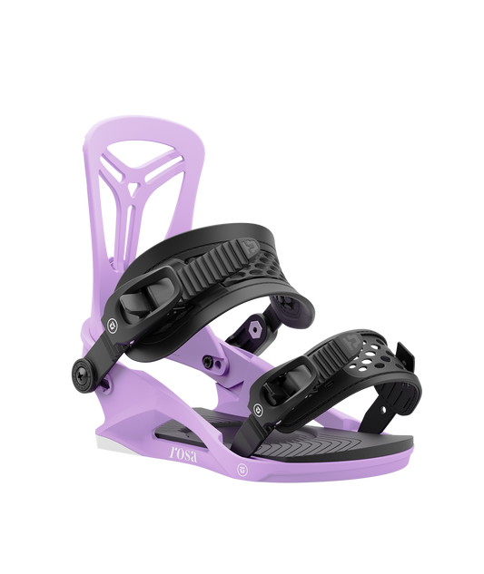 Union rosa 24/25 model snowboard bindings, matt violet with black adjustable straps. white union rosa logos