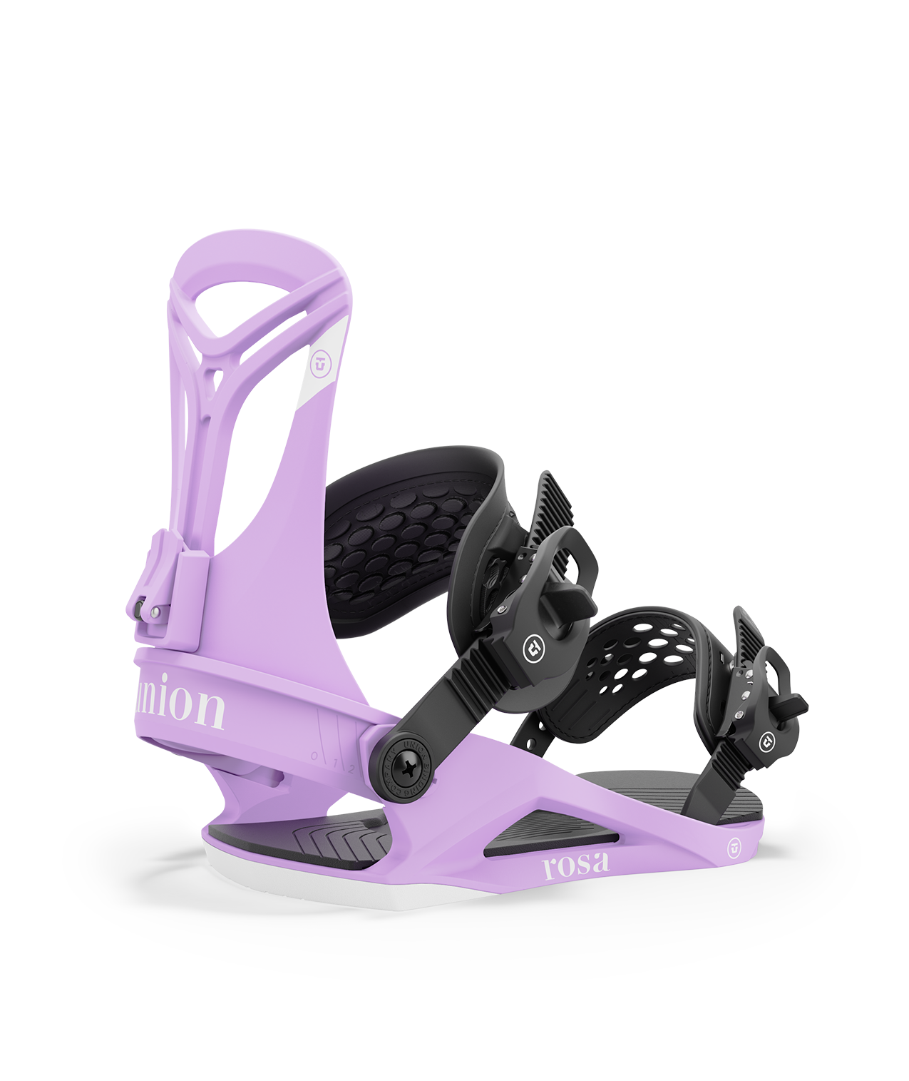 Union rosa 24/25 model snowboard bindings, matt violet with black adjustable straps. white union rosa logos