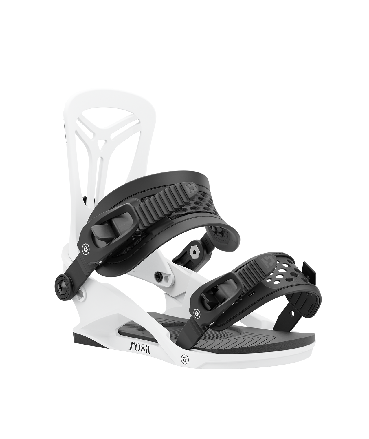 Union rosa 24/25 model snowboard bindings, matt white with black adjustable straps. black union rosa logos