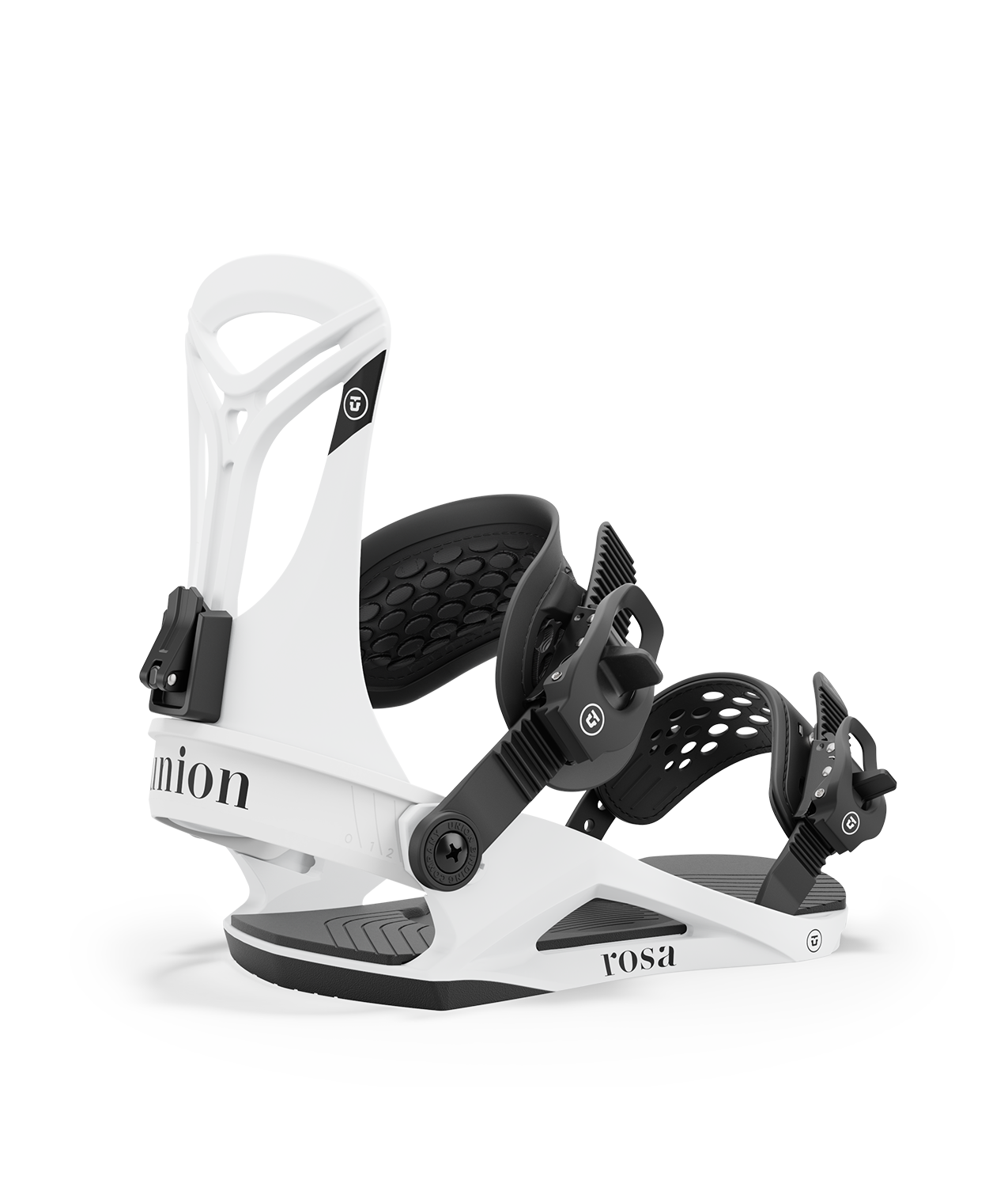 Union rosa 24/25 model snowboard bindings, matt white with black adjustable straps. black union rosa logos