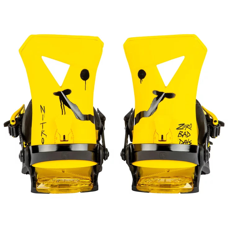 nitro zero bad days snowboard bindings, black body with a yellow highjack and base. black adjustable straps and black graffiti effect nitro logos.