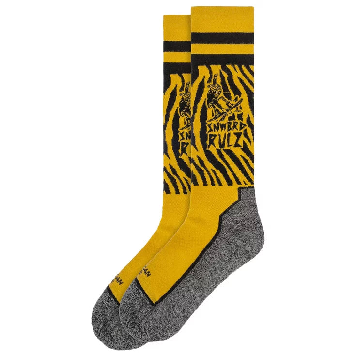 american socks snowboard socks.. yellow with grey soles, black bands around the top.  yellow zebra print and writing that says 'snwbrd rulz' at the top