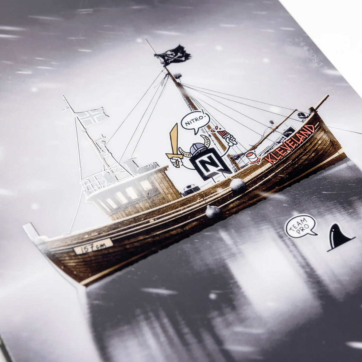 Illustration of a pirate ship with a character on a gray background