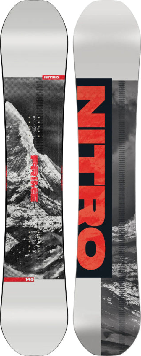 Nitro snowboard with mountain graphic and red logo on a gray background