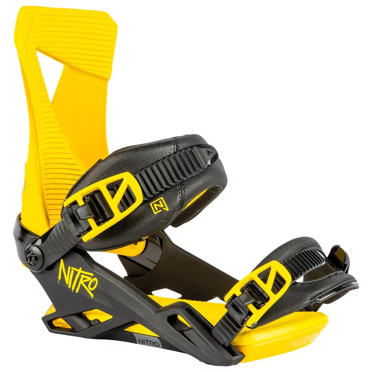 nitro zero bad days snowboard bindings, black body with a yellow highjack and base. black adjustable straps and black graffiti effect nitro logos.