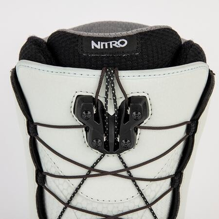 nitro venture pro tls snowboard boots in ice white with nicotine brown highlights.