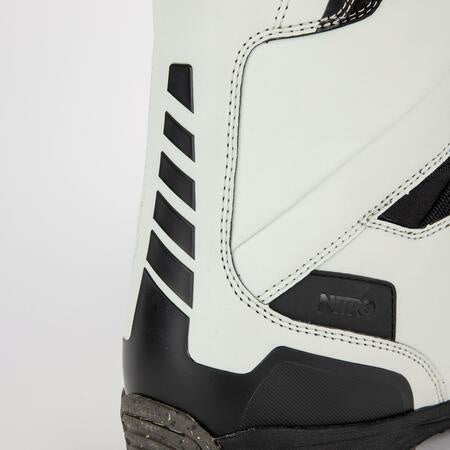 nitro venture pro tls snowboard boots in ice white with nicotine brown highlights.