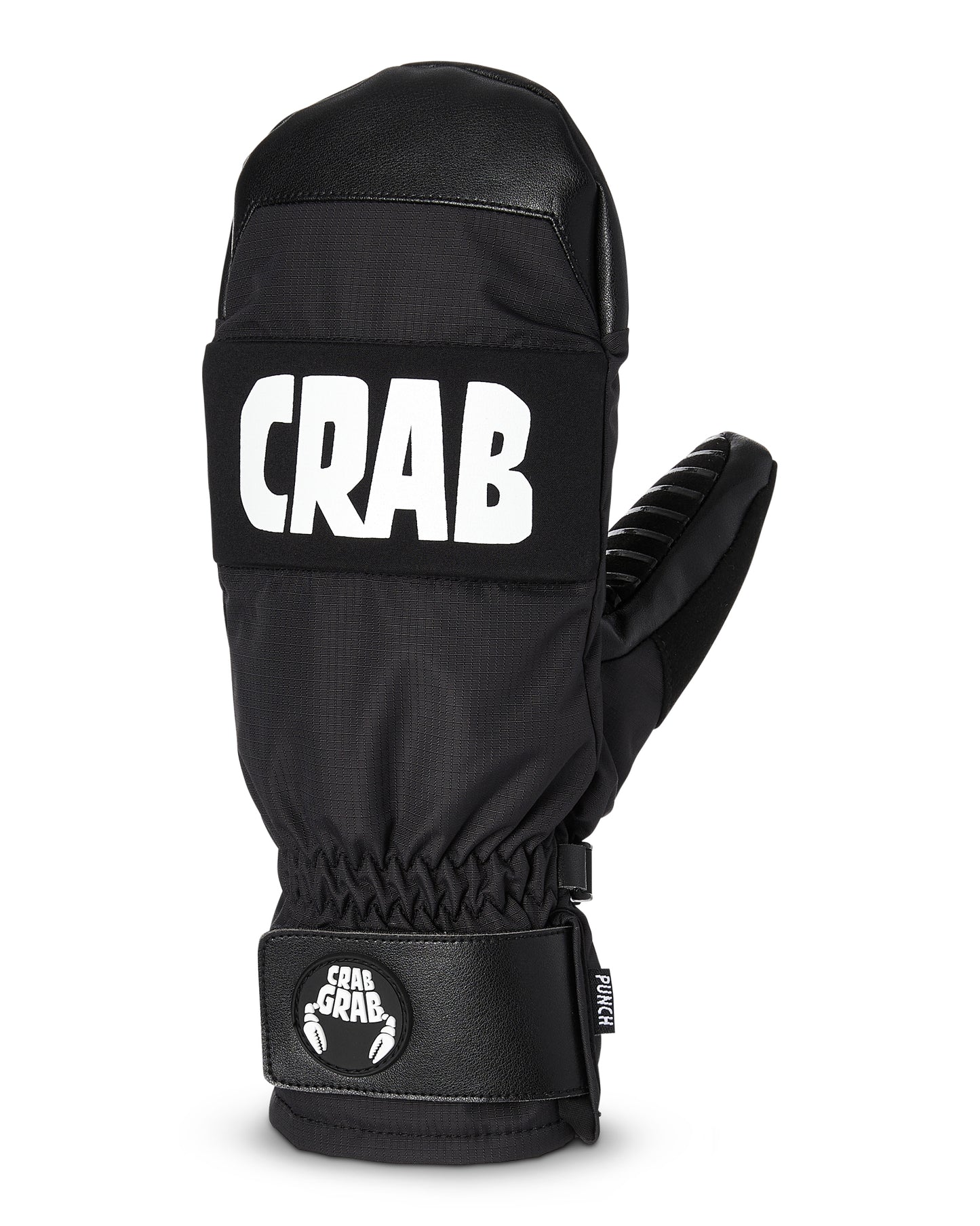 crab grab punch mitt in black with white grab grab writing large across the knuckles