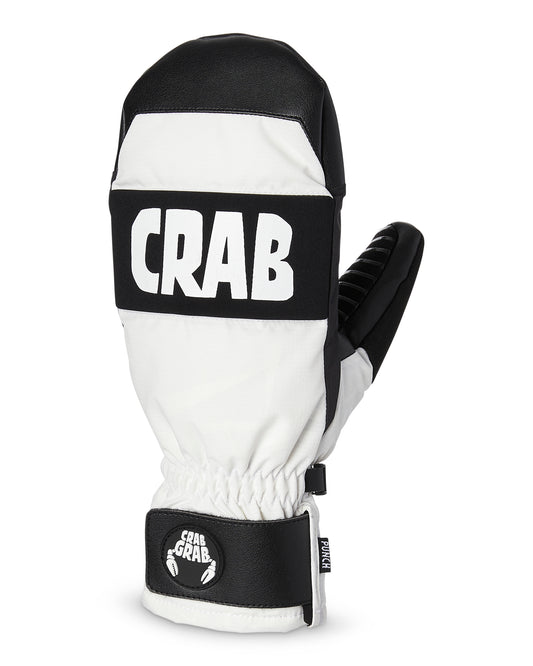 crab grab punch mitt in white with black banding and grab grab writing large across the knuckles in white