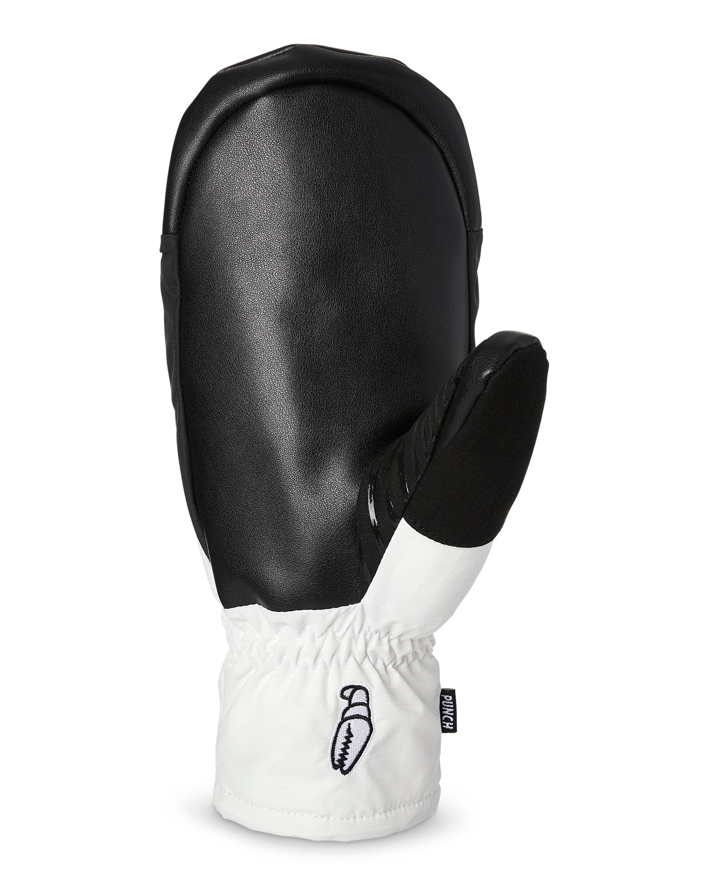 crab grab punch mitt in white with black banding and grab grab writing large across the knuckles in white