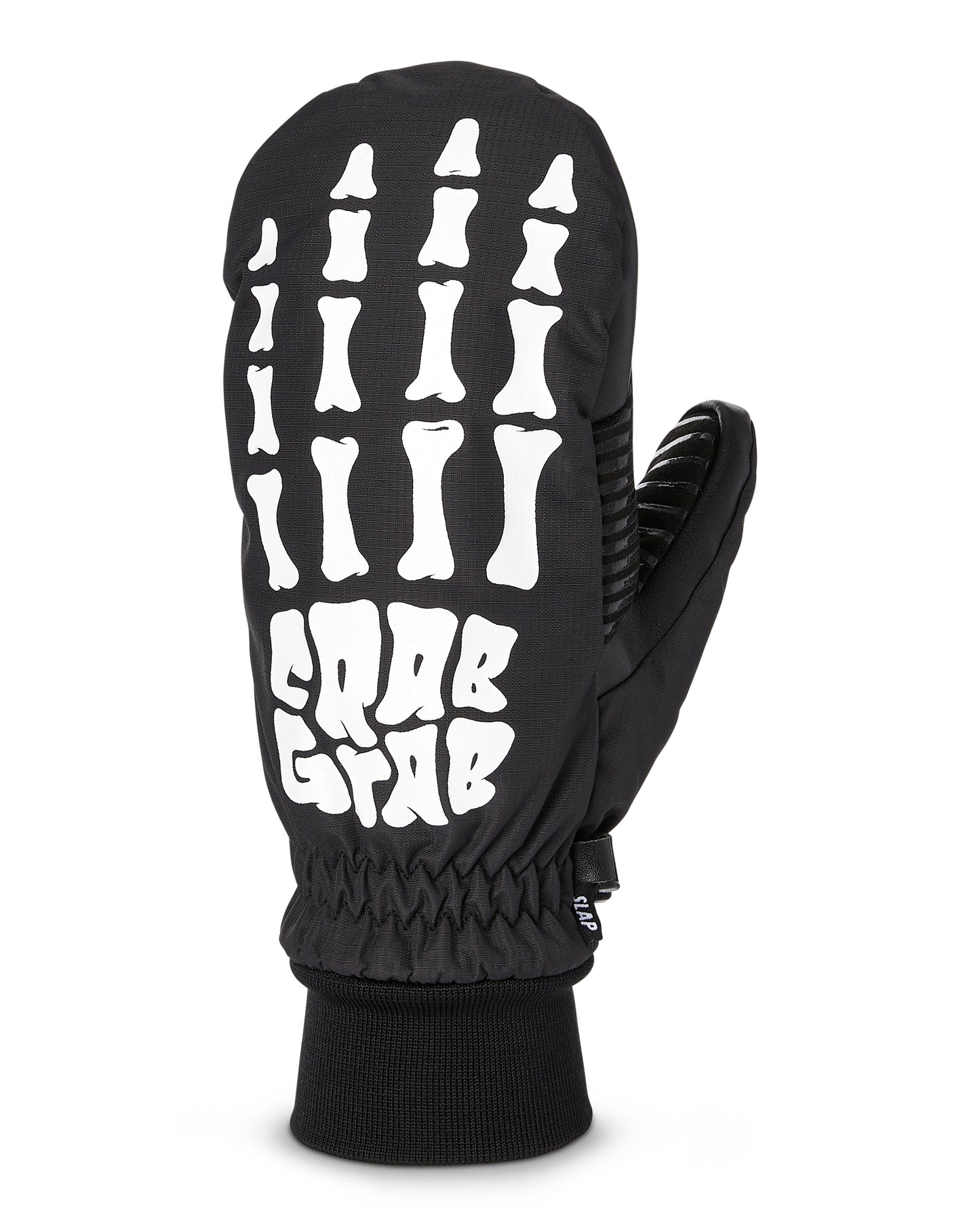 crab grab slap mitt in black with white skeleton print across the top.