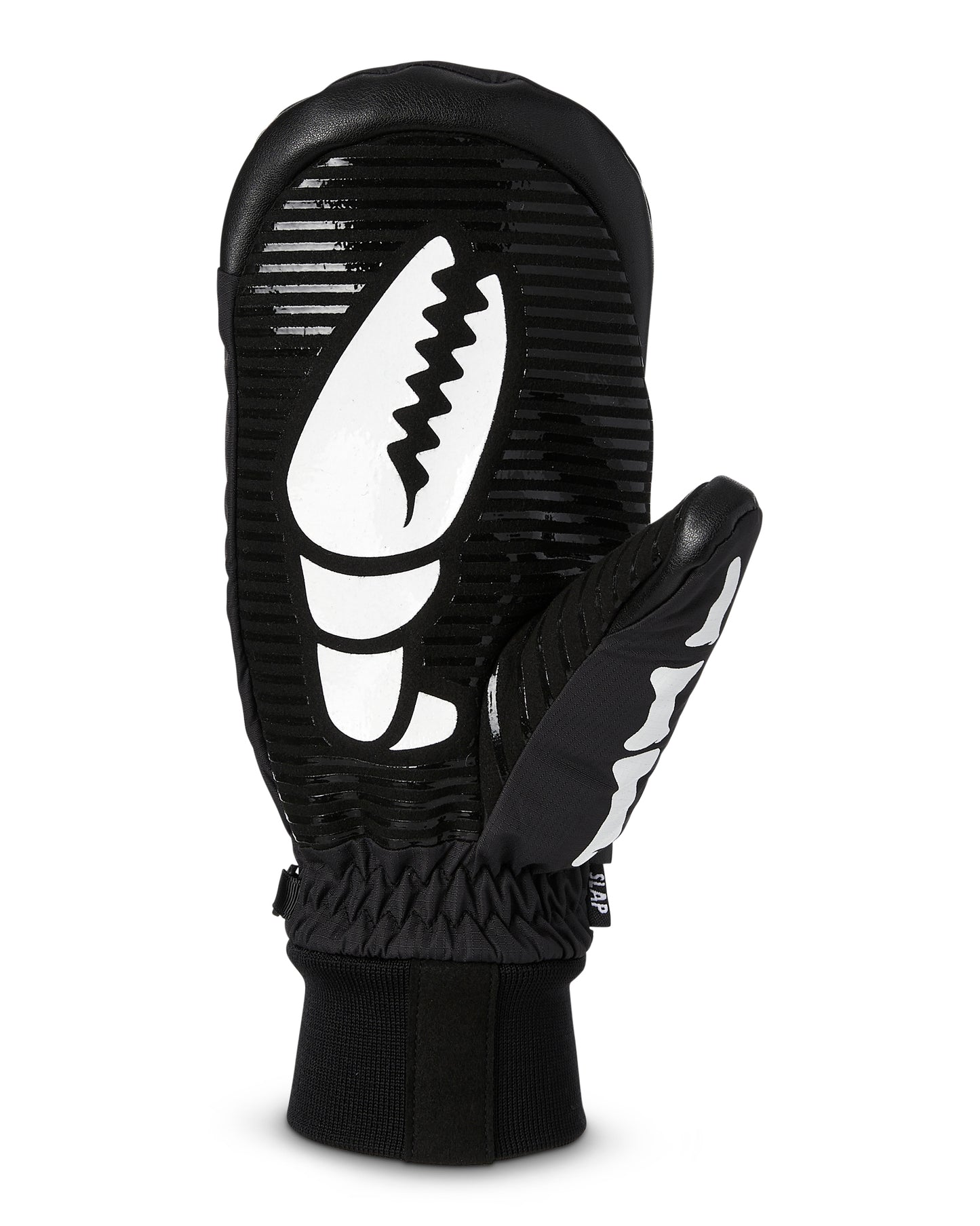 crab grab slap mitt in black with white skeleton print across the top.