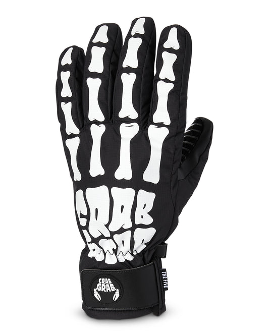 crab grab five snowboard gloves, black with black wrist straps and white crab grab logo's. skeleton hand print on top