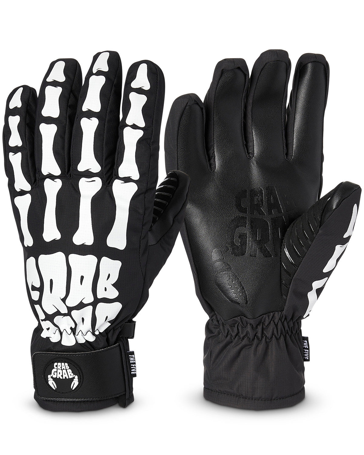 crab grab five snowboard gloves, black with black wrist straps and white crab grab logo's. skeleton hand print on top