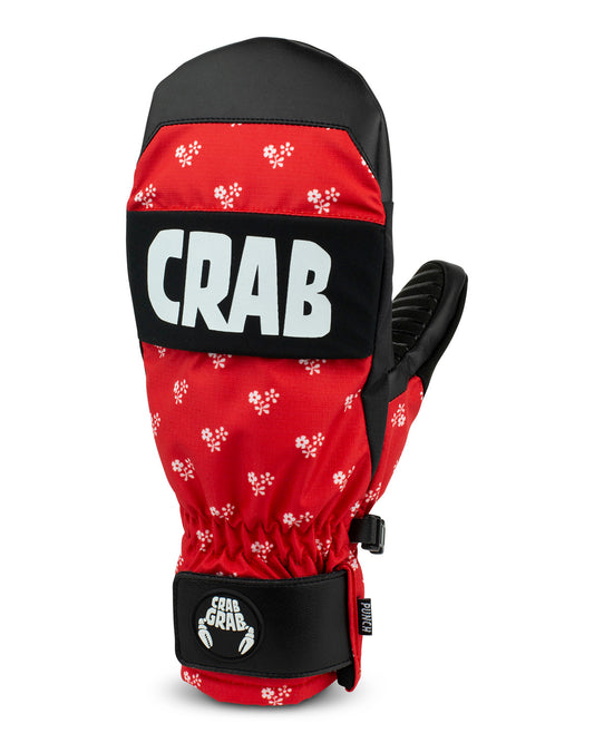 crab grab punch mitt in red with white flower repeating pattern and  grab grab writing large across the knuckles