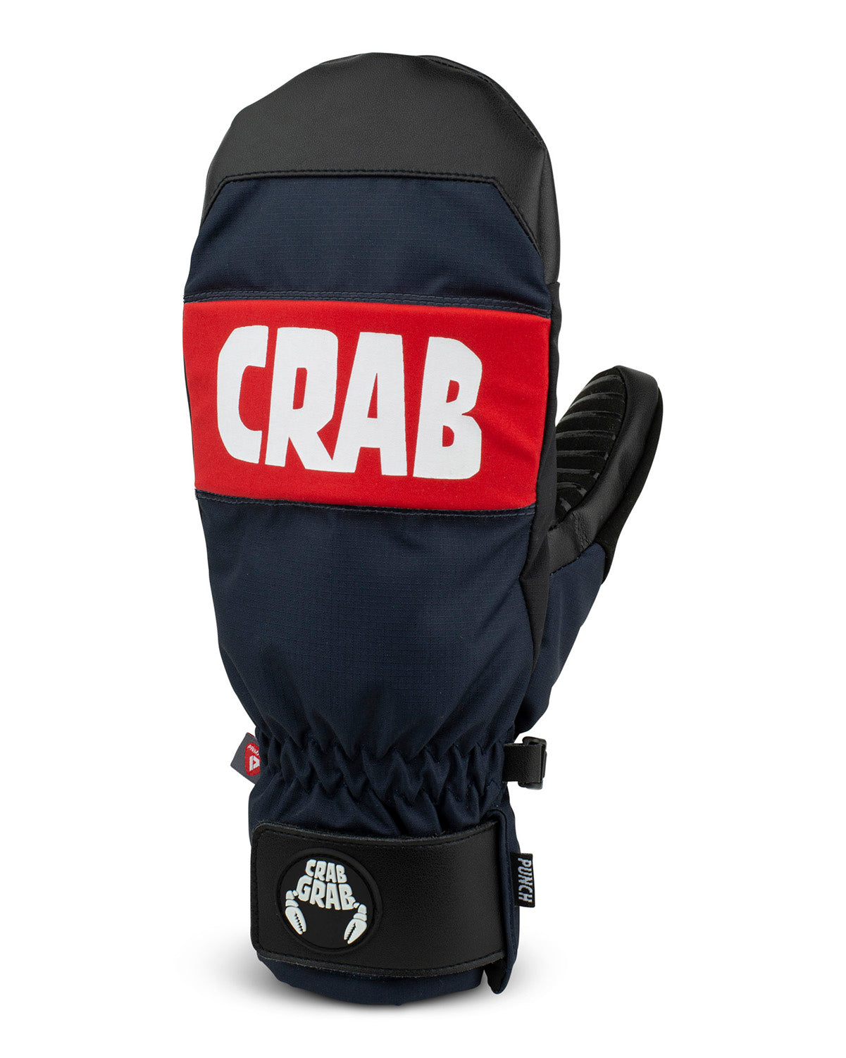 crab grab punch mitt in navy with red banding and grab grab writing large across the knuckles