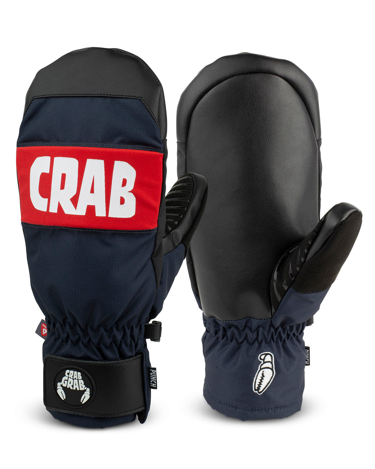 crab grab punch mitt in navy with red banding and grab grab writing large across the knuckles