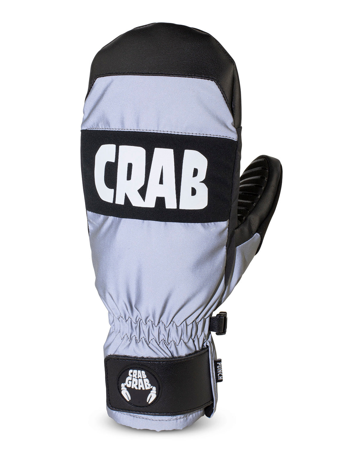 crab grab punch mitt in silver-blue with black banding and grab grab writing large across the knuckles in white