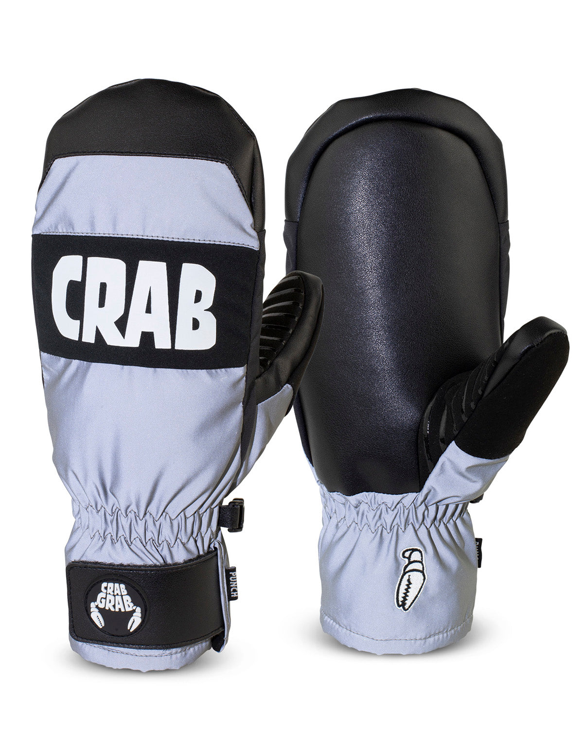 crab grab punch mitt in silver-blue with black banding and grab grab writing large across the knuckles in white