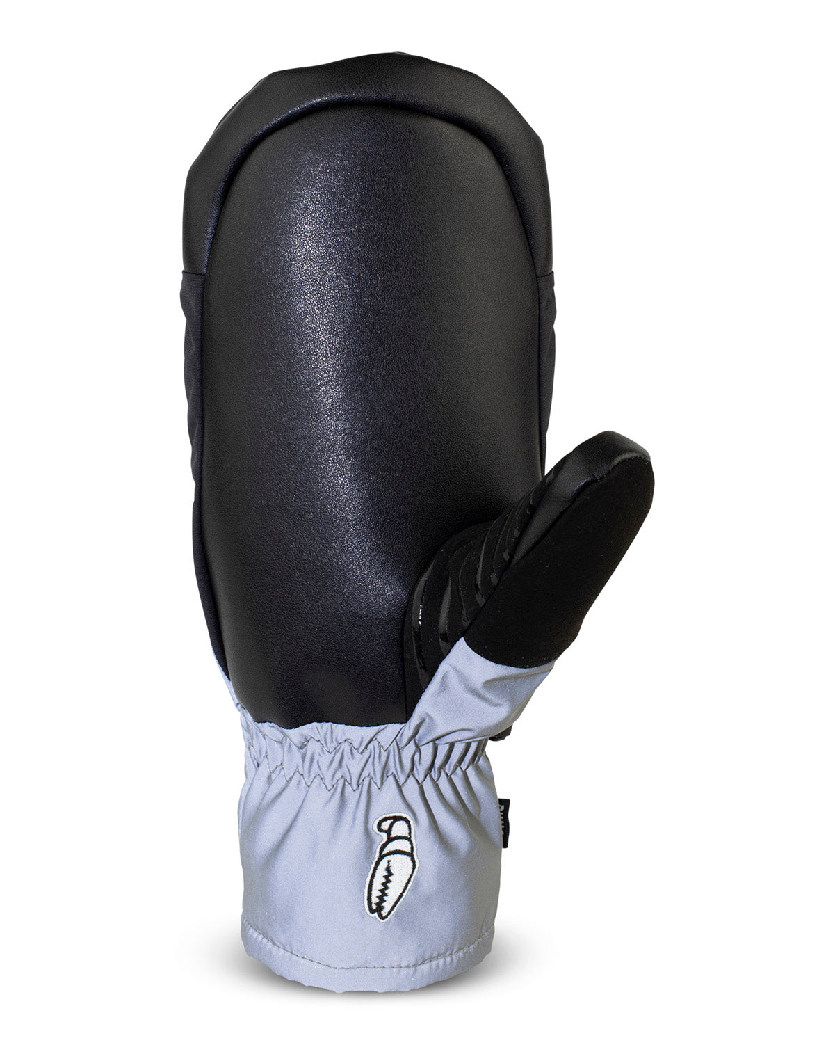 crab grab punch mitt in silver-blue with black banding and grab grab writing large across the knuckles in white