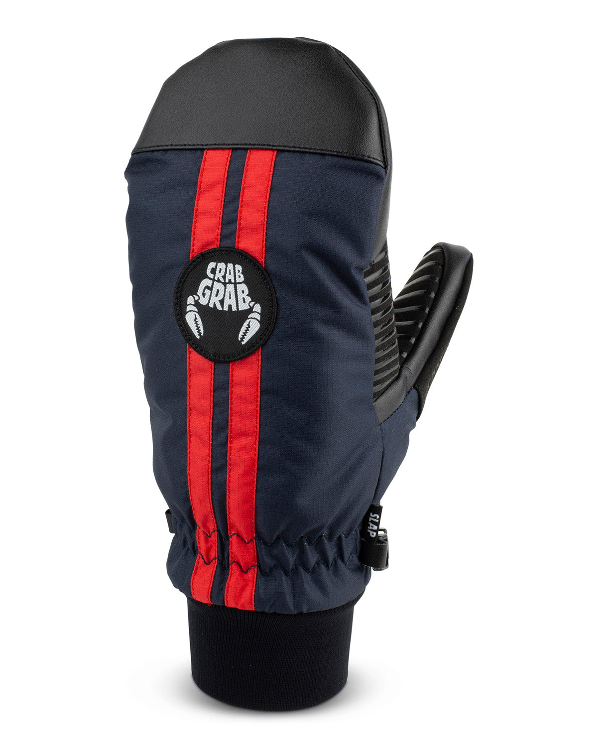 crab grab slap mitt in navy with red stripes and black crab grab logos.