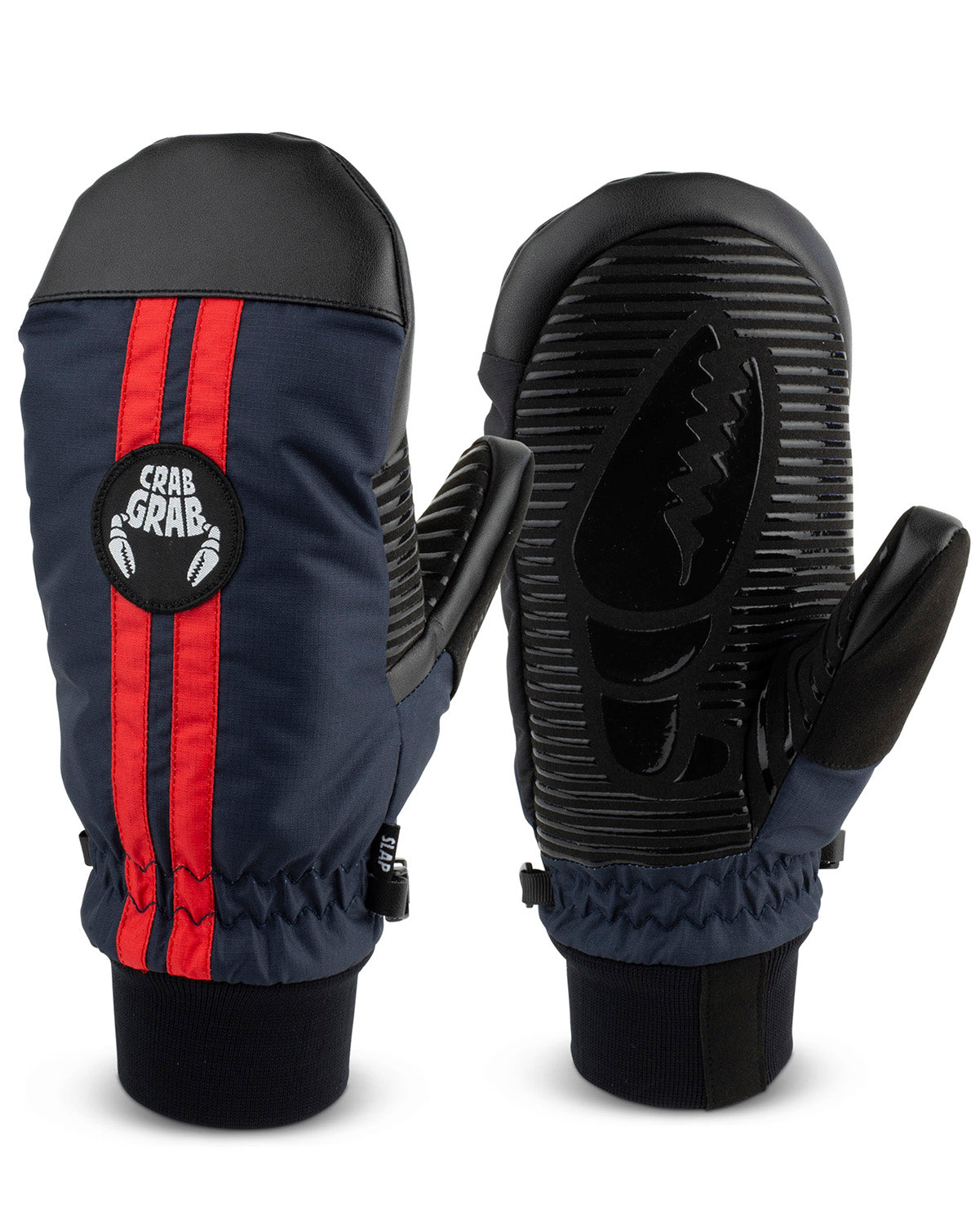 crab grab slap mitt in navy with red stripes and black crab grab logos.