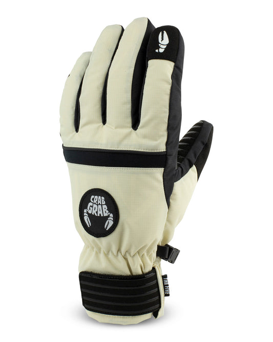 crab grab five snowboard gloves, cream with black wrist straps and  white crab grab logo's