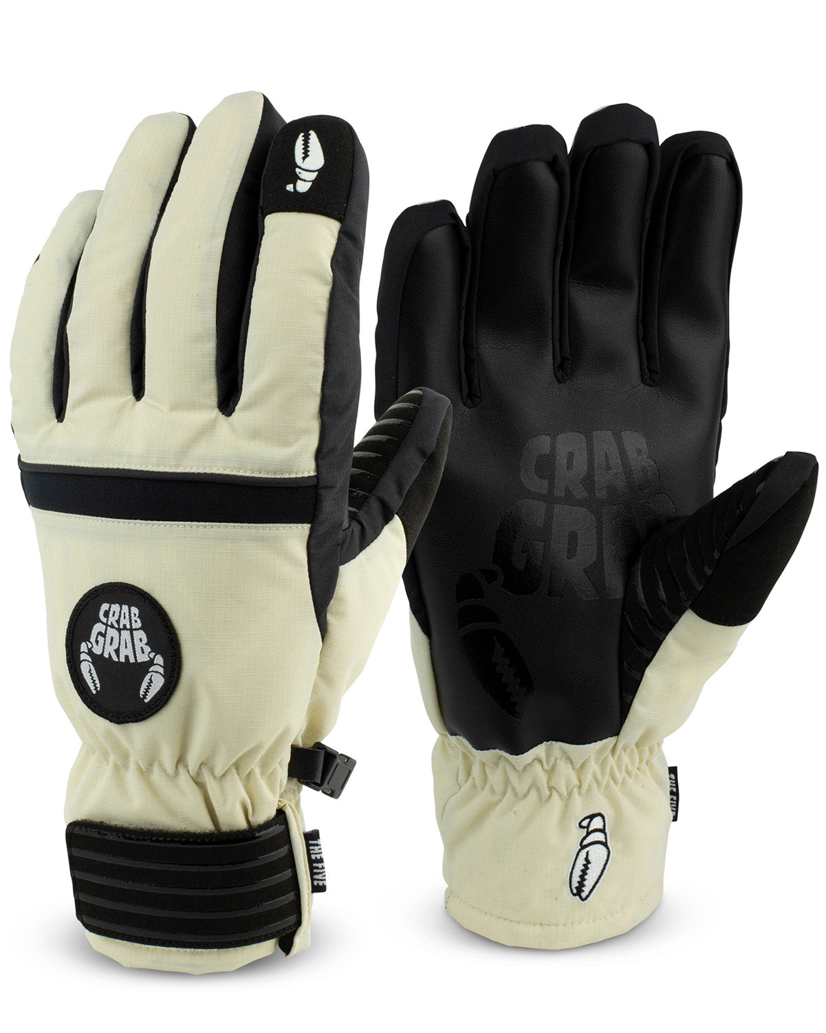 crab grab five snowboard gloves, cream with black wrist straps and  white crab grab logo's