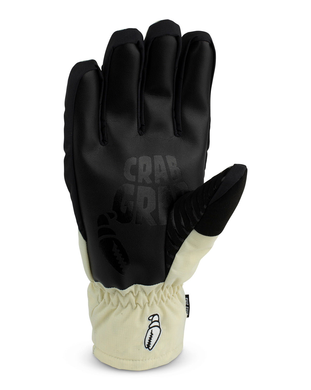 crab grab five snowboard gloves, cream with black wrist straps and  white crab grab logo's