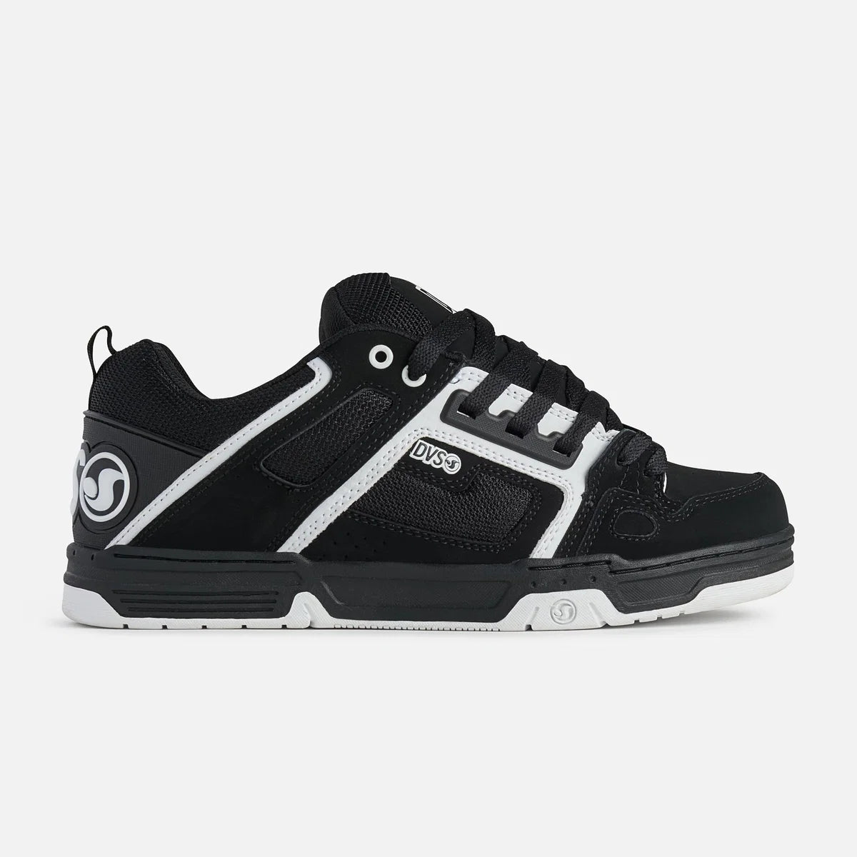 Black and white sneaker with visible branding on a light gray background