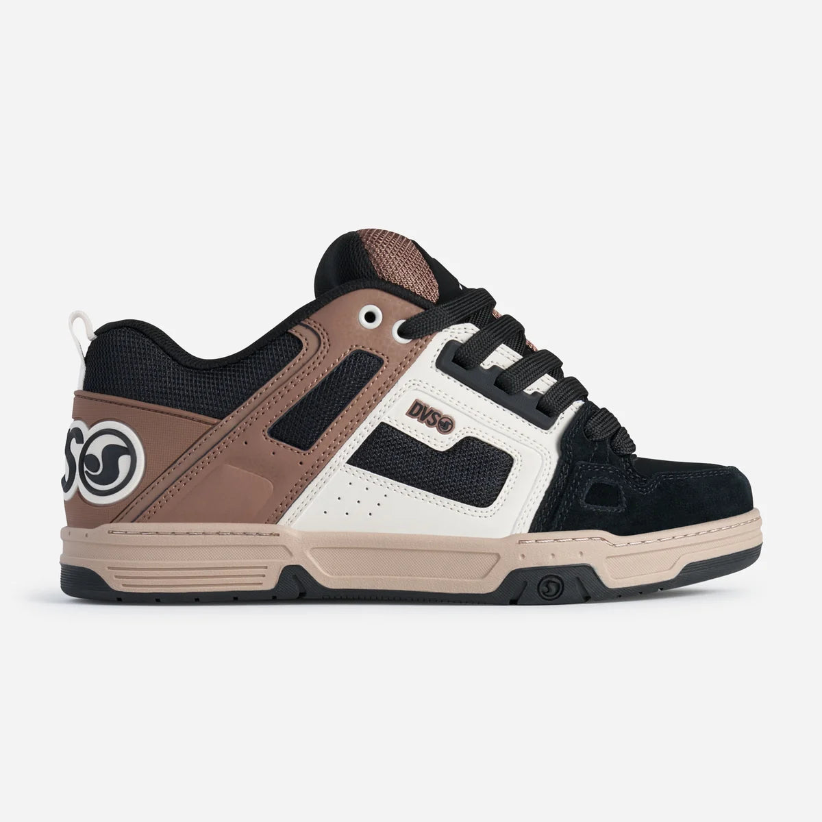 Brown, black, and white sneaker on a light gray background