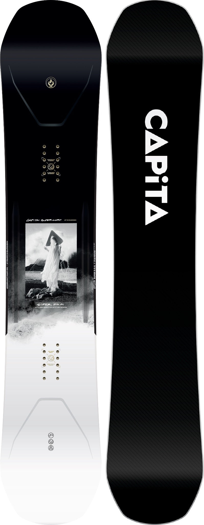 Capita super D.O.A. 2024 snowboard, black bottom with capita logo in white. top is back fading to white with a central image of a woman in a flowing white gown