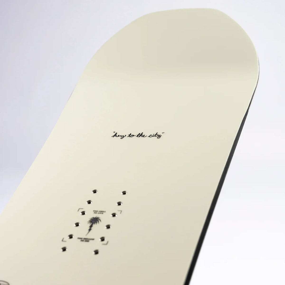 Close-up of a skateboard deck with text and graphics on a white background