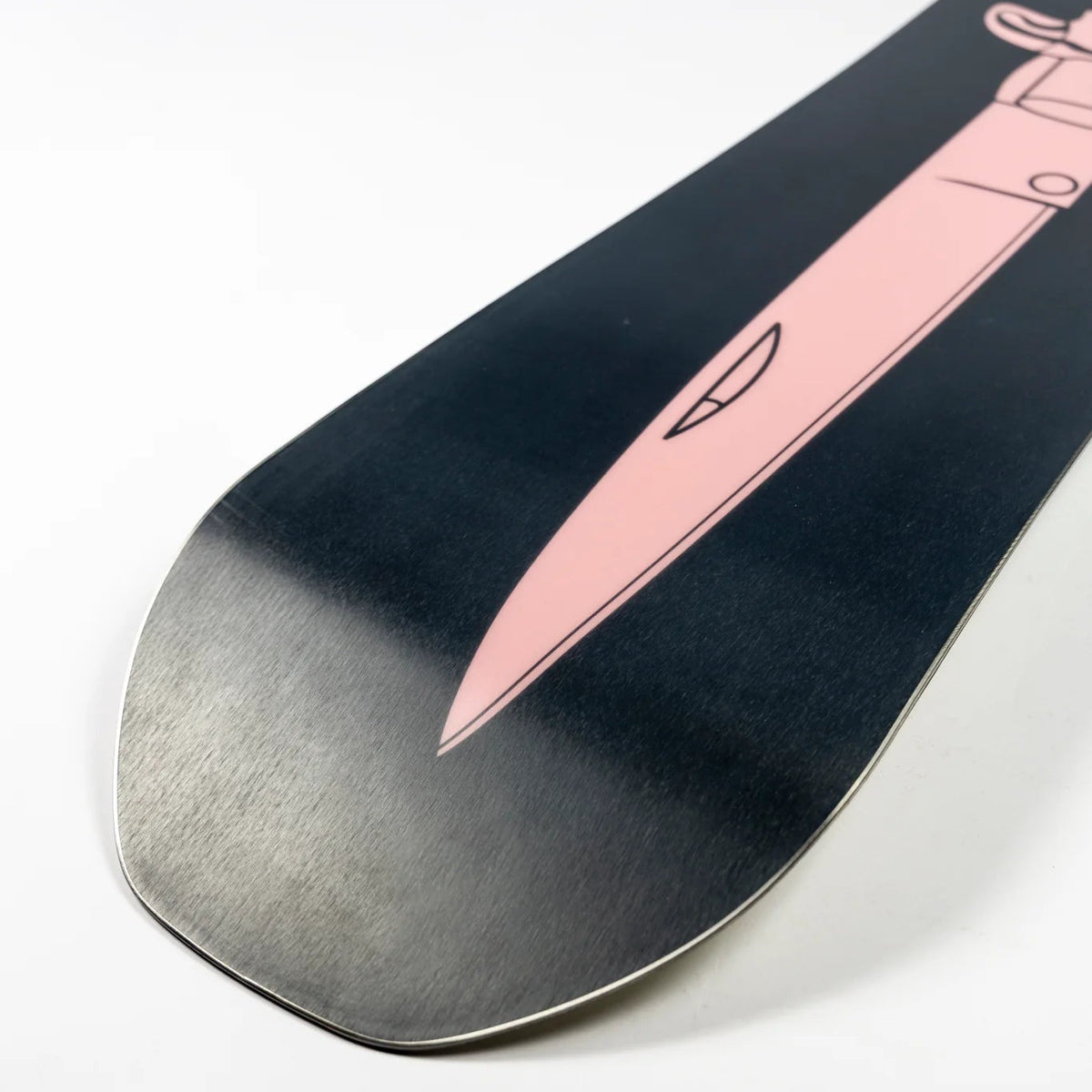 Close-up of a snowboard tail showing a brushed silver metal base with a pink graphic line and small black line details on a white background.
