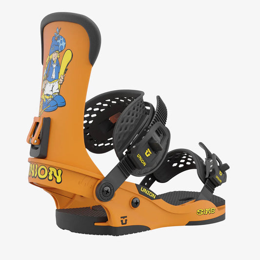 Union Custom House, 23/24 model snowboard bindings, matt orange with custom sims graphics in yellow with black adjustable straps