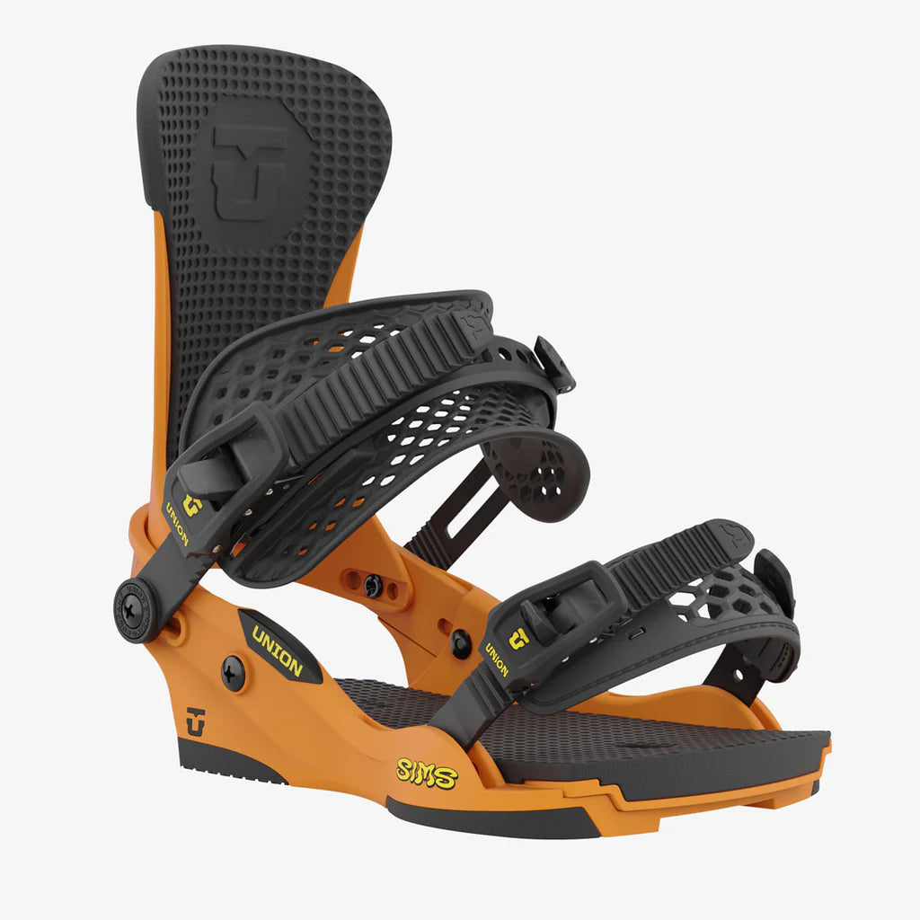 Union Custom House, 23/24 model snowboard bindings, matt orange with custom sims graphics in yellow with black adjustable straps