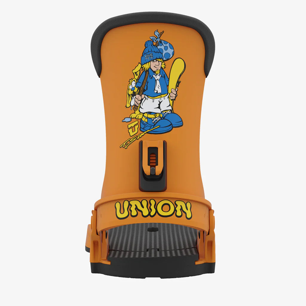 Union Custom House, 23/24 model snowboard bindings, matt orange with custom sims graphics in yellow with black adjustable straps