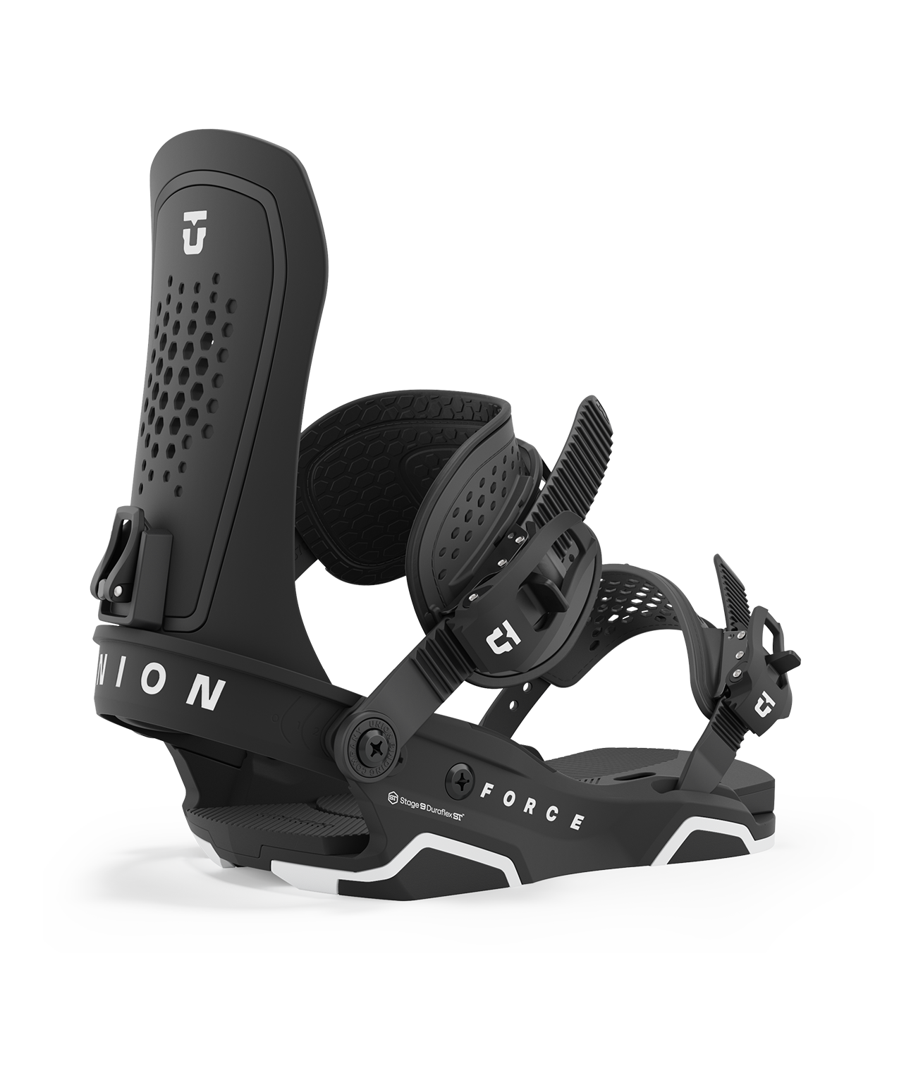 Union force 23/24 model snowboard bindings, matt black with black adjustable straps. white union force logos