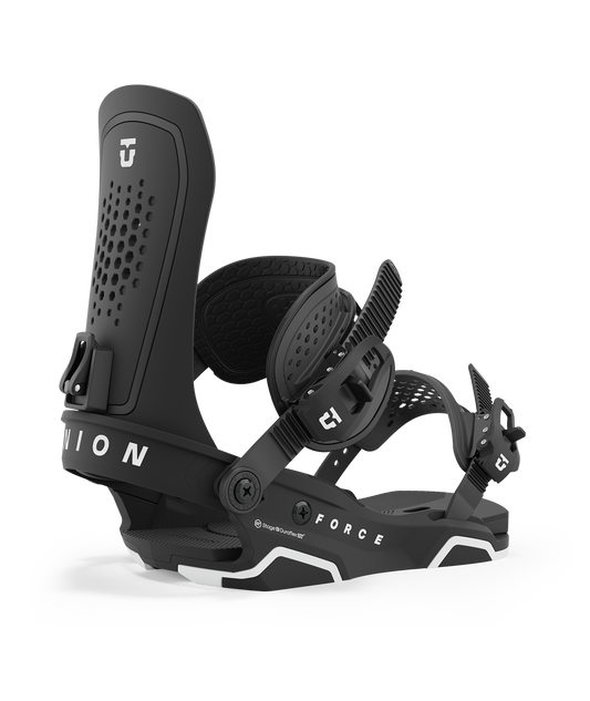 Union force 23/24 model snowboard bindings, matt black with black adjustable straps. white union force logos