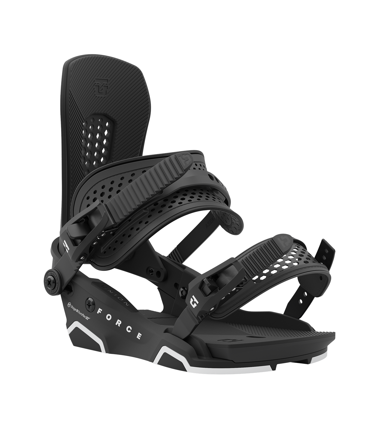 Union force 23/24 model snowboard bindings, matt black with black adjustable straps. white union force logos