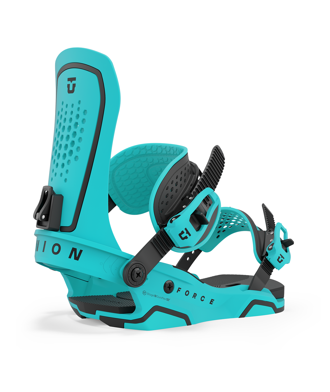 Union force 23/24 model snowboard bindings, matt cyan with black adjustable straps. black union force logos