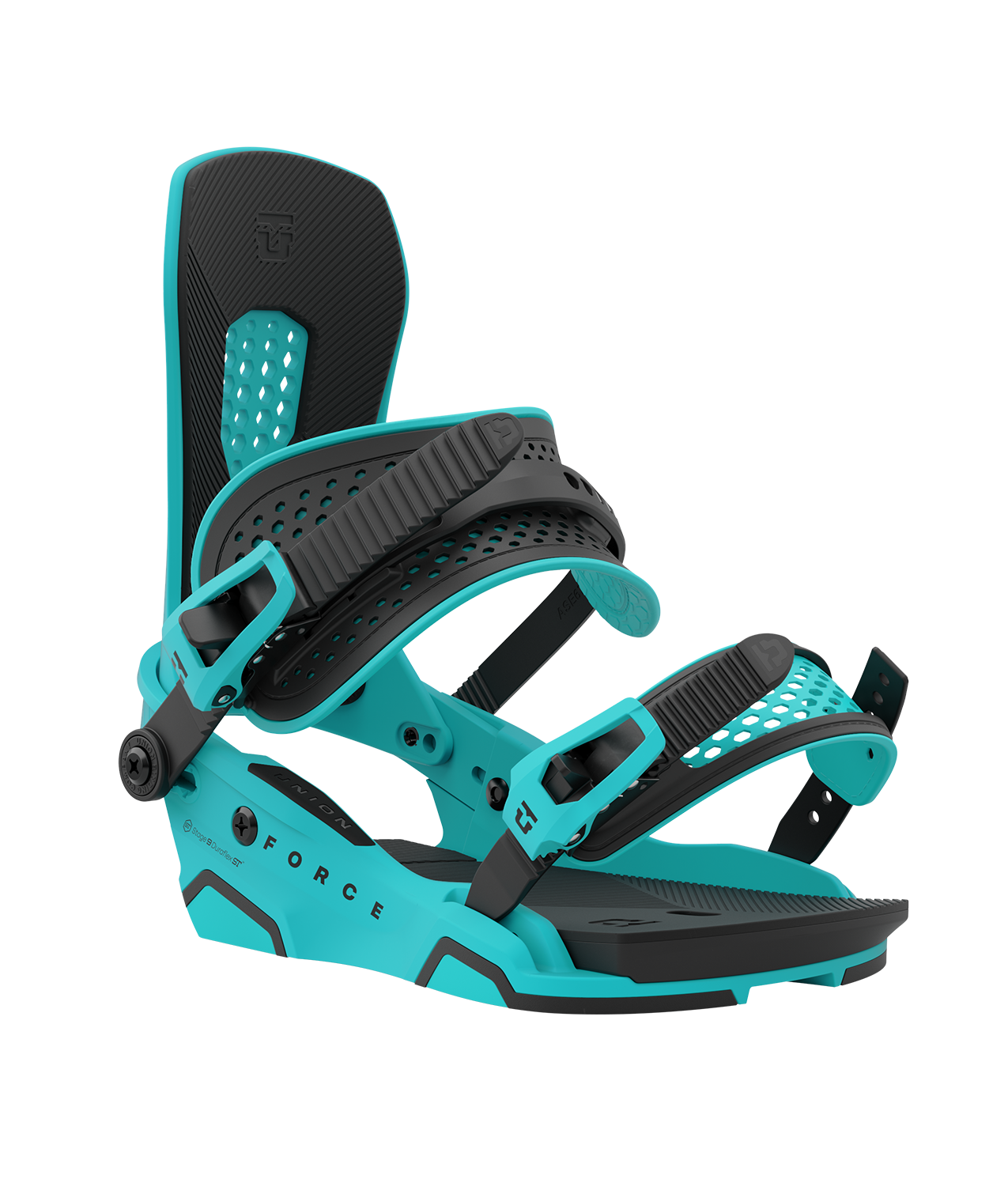 Union force 23/24 model snowboard bindings, matt cyan with black adjustable straps. black union force logos