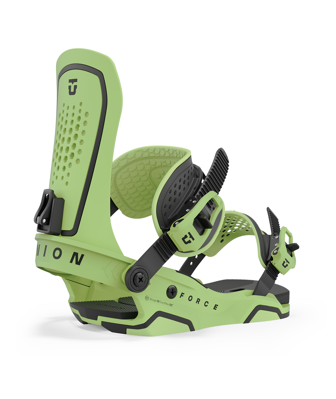 Union force 23/24 model snowboard bindings, matt green with black adjustable straps. black union force logos