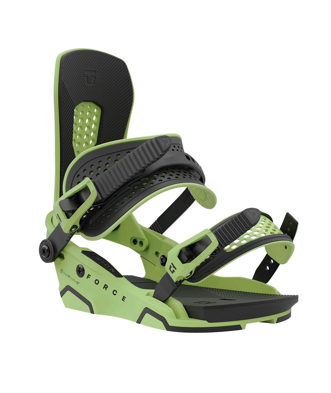 Union force 23/24 model snowboard bindings, matt green with black adjustable straps. black union force logos