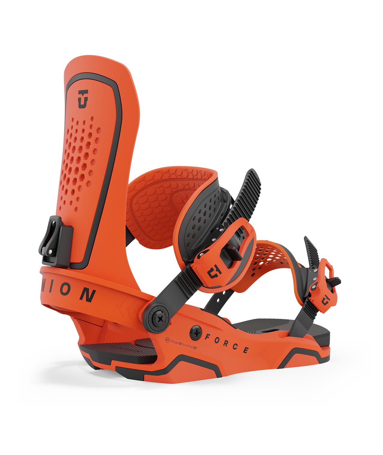 Union force 23/24 model snowboard bindings, matt orange with black adjustable straps. black union force logos