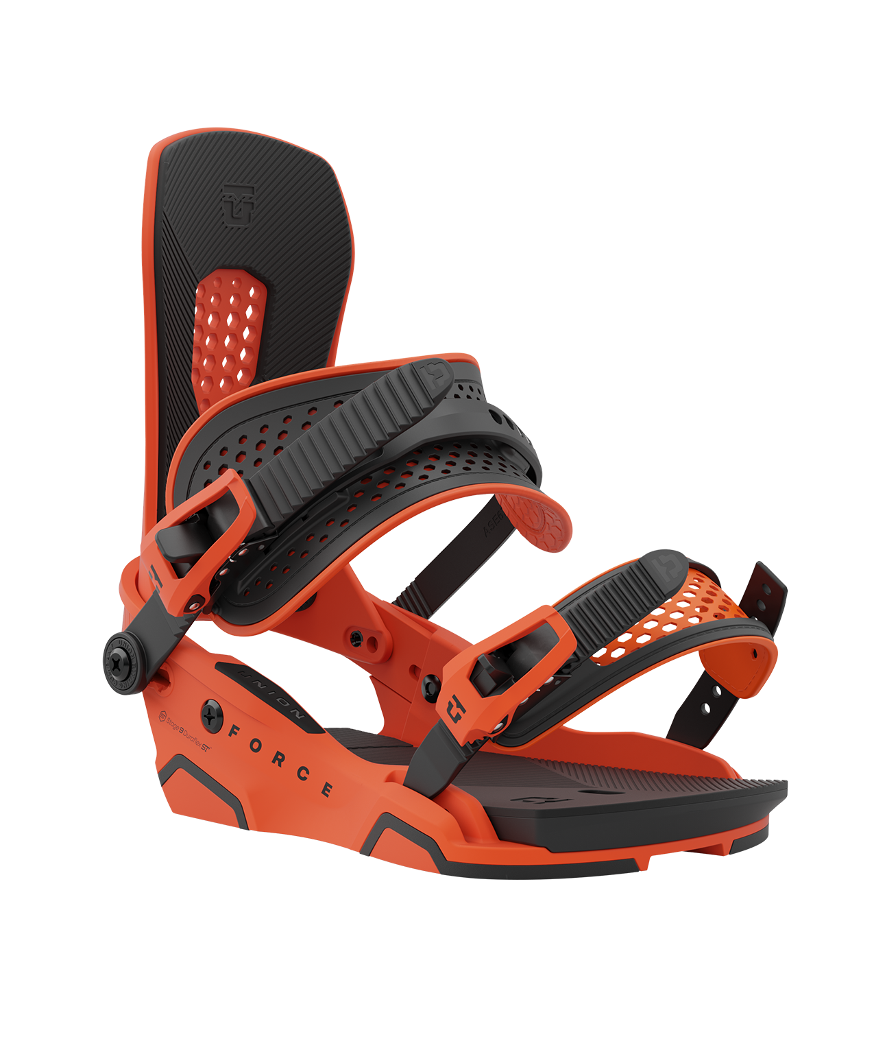 Union force 23/24 model snowboard bindings, matt orange with black adjustable straps. black union force logos