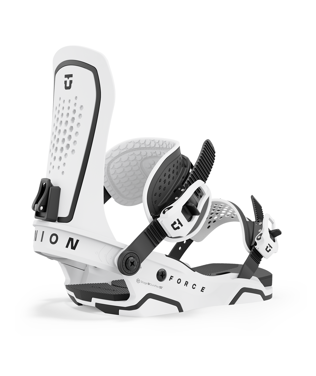 Union force 23/24 model snowboard bindings, matt white with black adjustable straps. black union force logos